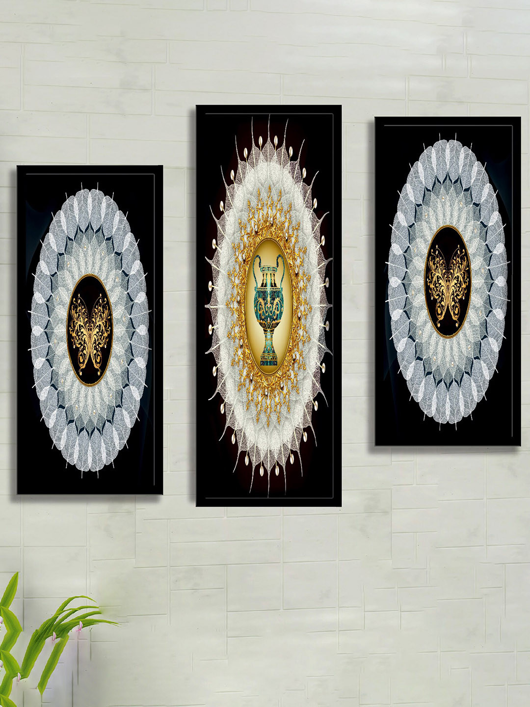 SAF Black & Blue 3 Pieces Abstract Painting Water Proof Wall Arts