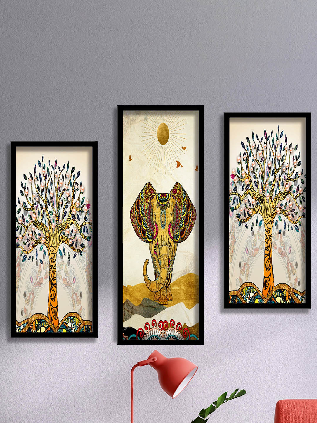 SAF White & Blue 3 Pieces Elephant & Tree Painting Water Proof Wall Arts