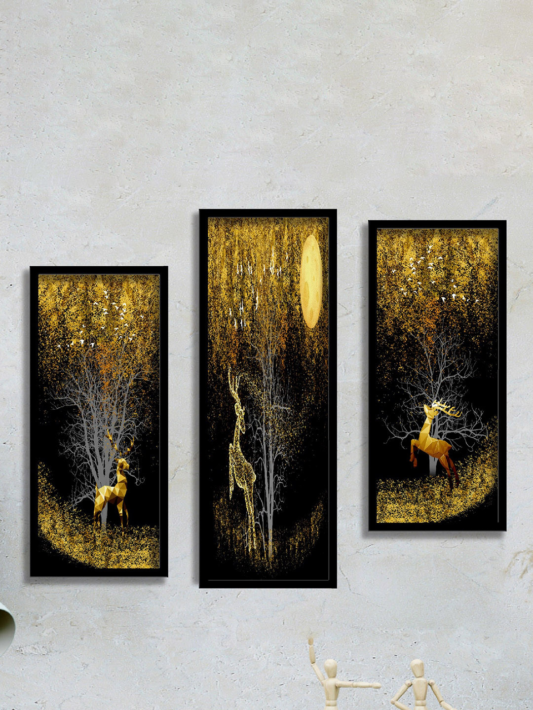 SAF Black & Yellow 3 Pieces Tree And Deer Painting Water Proof Wall Arts