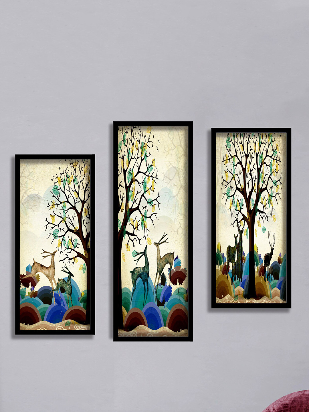 SAF Beige & Blue 3 Pieces Deer & Tree Painting Water Proof Wall Arts