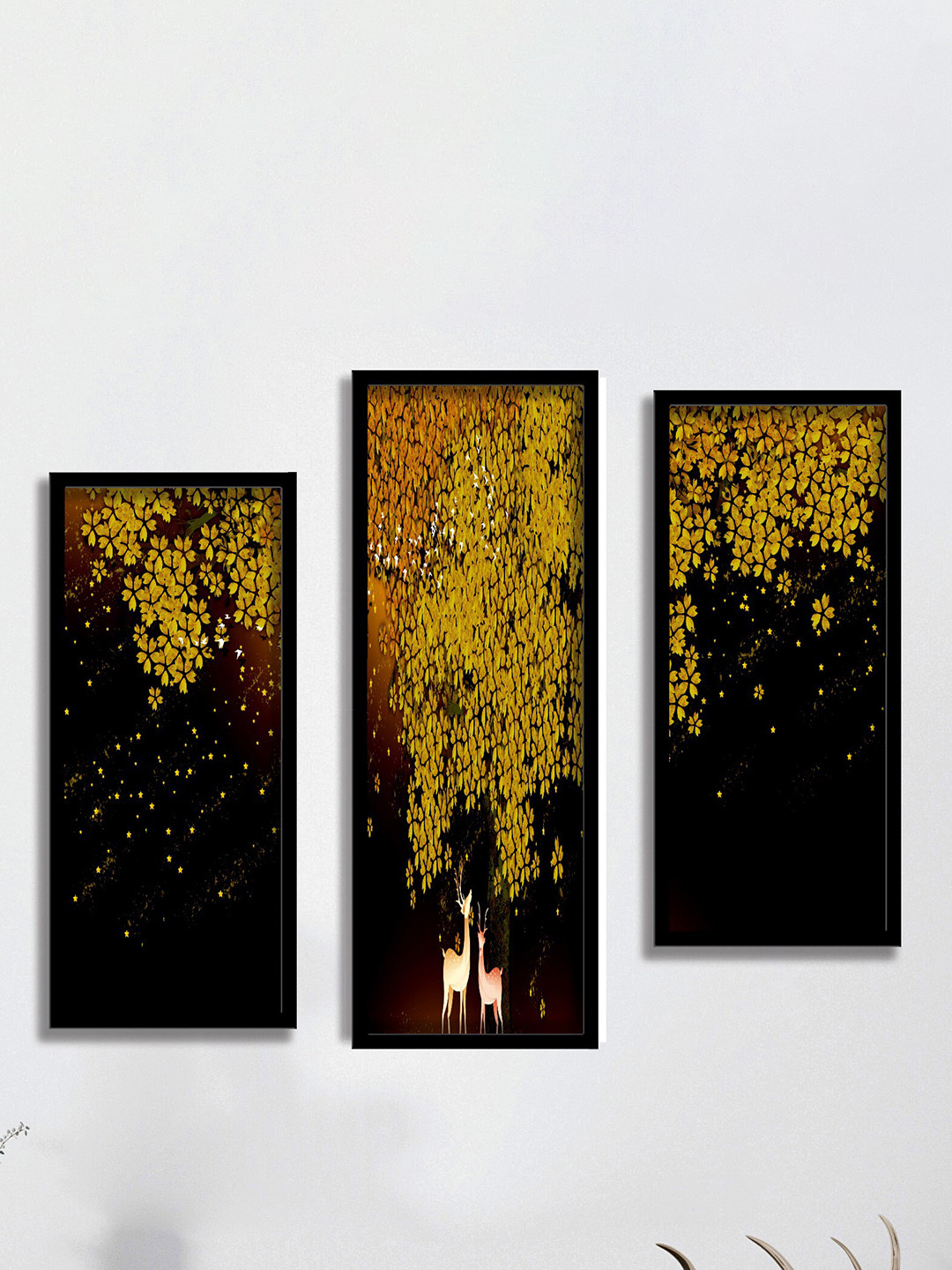 SAF Black & Yellow 3 Pieces Abstract Deer Art Painting Water Proof Wall Arts