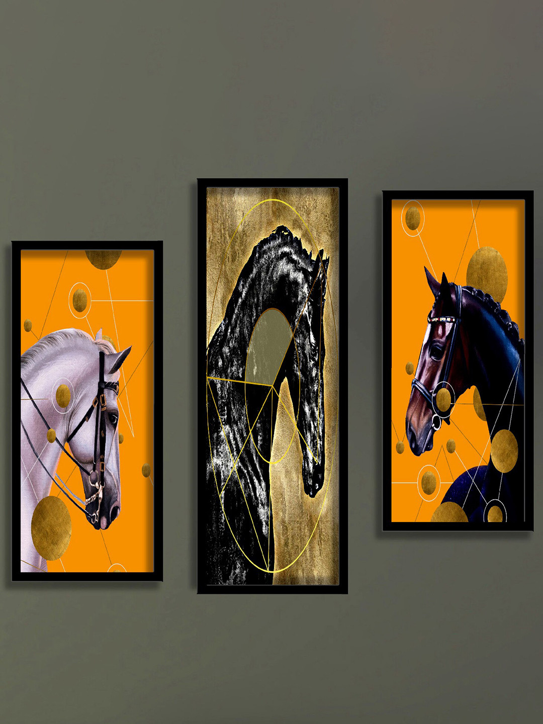 SAF Orange Coloured & Black 3 Pieces Abstract Painting Water Proof Wall Arts