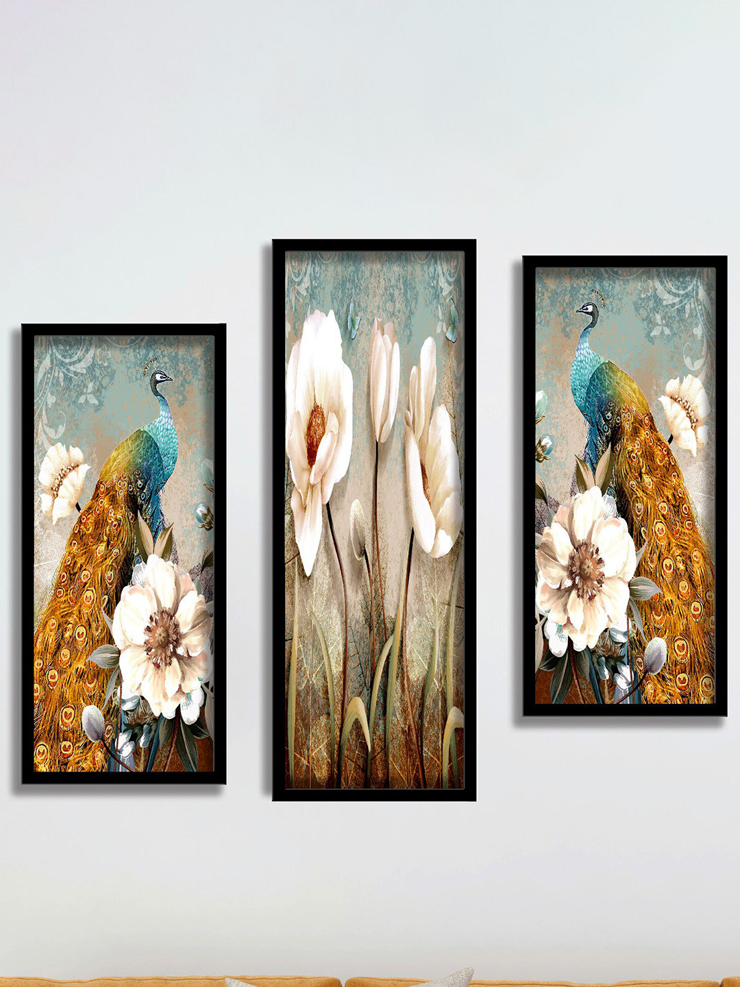 SAF Peacock And Flower Paper 3 Piece Wall Rectangle Paintings Wall Art