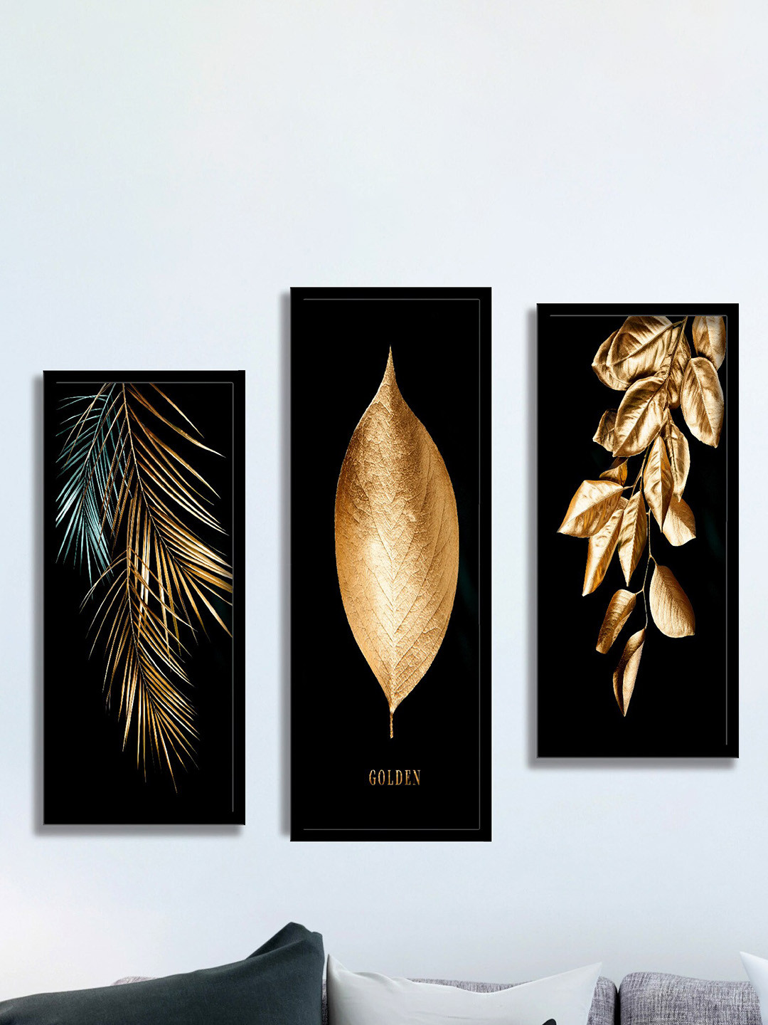 SAF Black & Beige 3 Pieces Peacock And Leaves Painting Water Proof Wall Arts