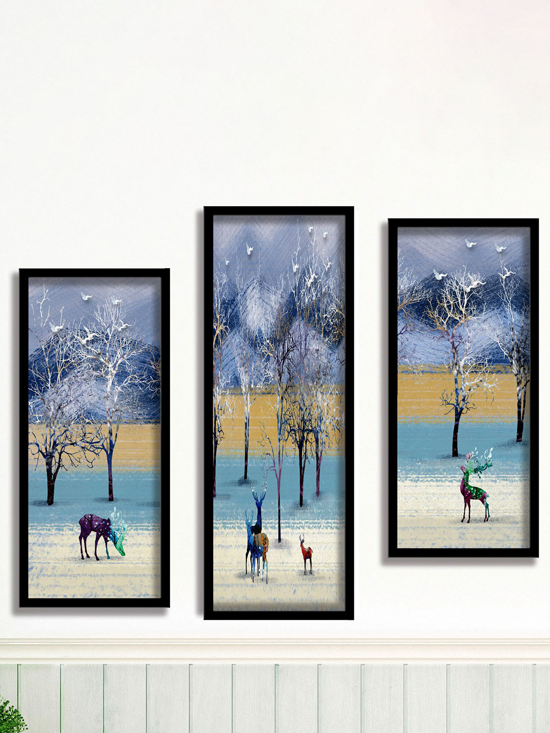 SAF Blue MDF 3 Pcs Wall Living Room Rectangle Potrait Paintings Wall Art -22.5 x 19.5In