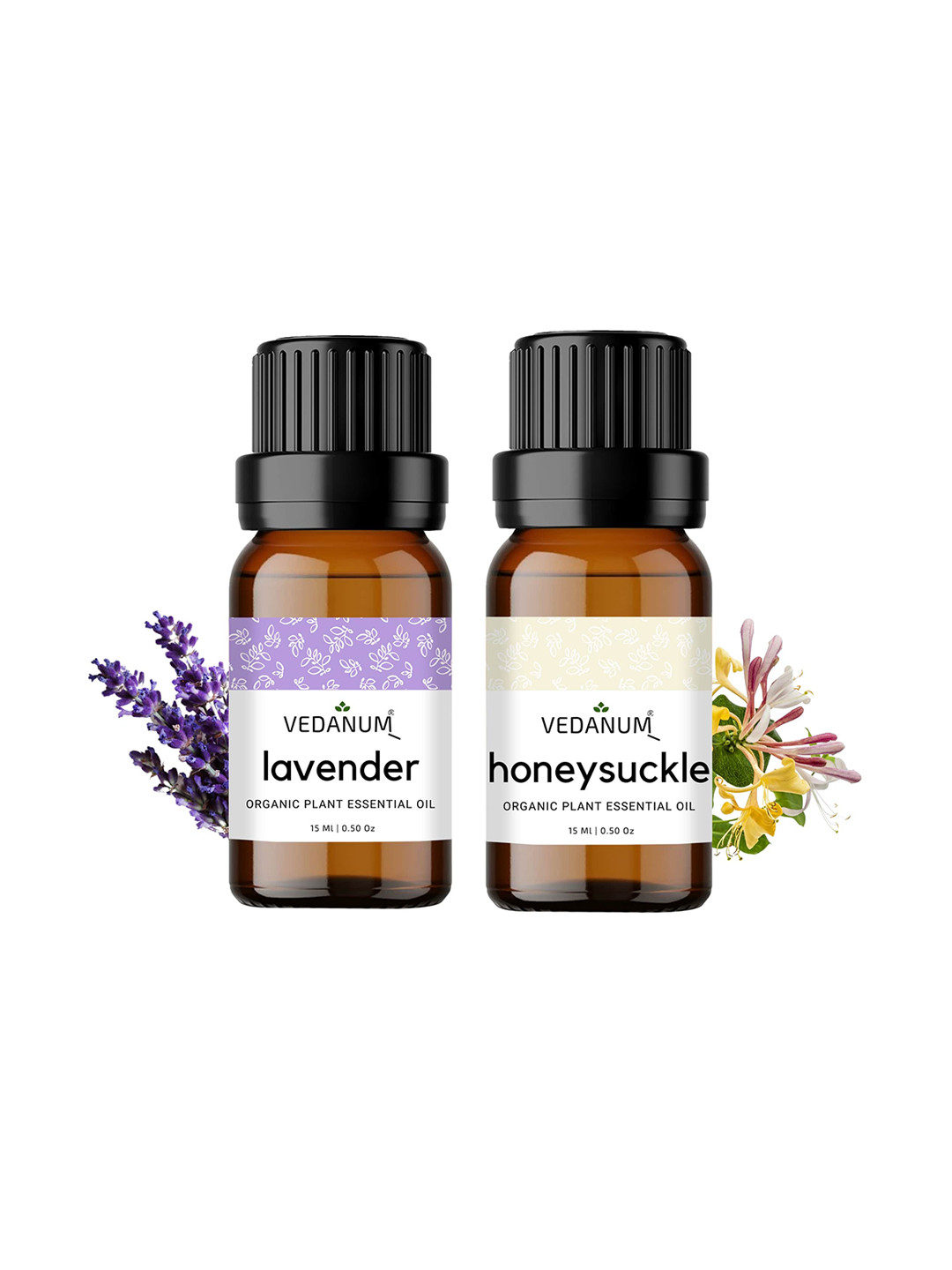 VEDANUM Set of 2 Lavender & Honeysuckle Organic Plant Essential Oil 15 ml (Each)