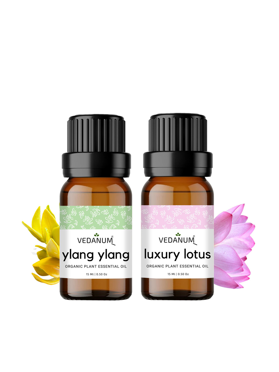 VEDANUM Set of 2 Organic Plant Essential Oils 15 ml Each - Ylang Ylang and Luxury Lotus