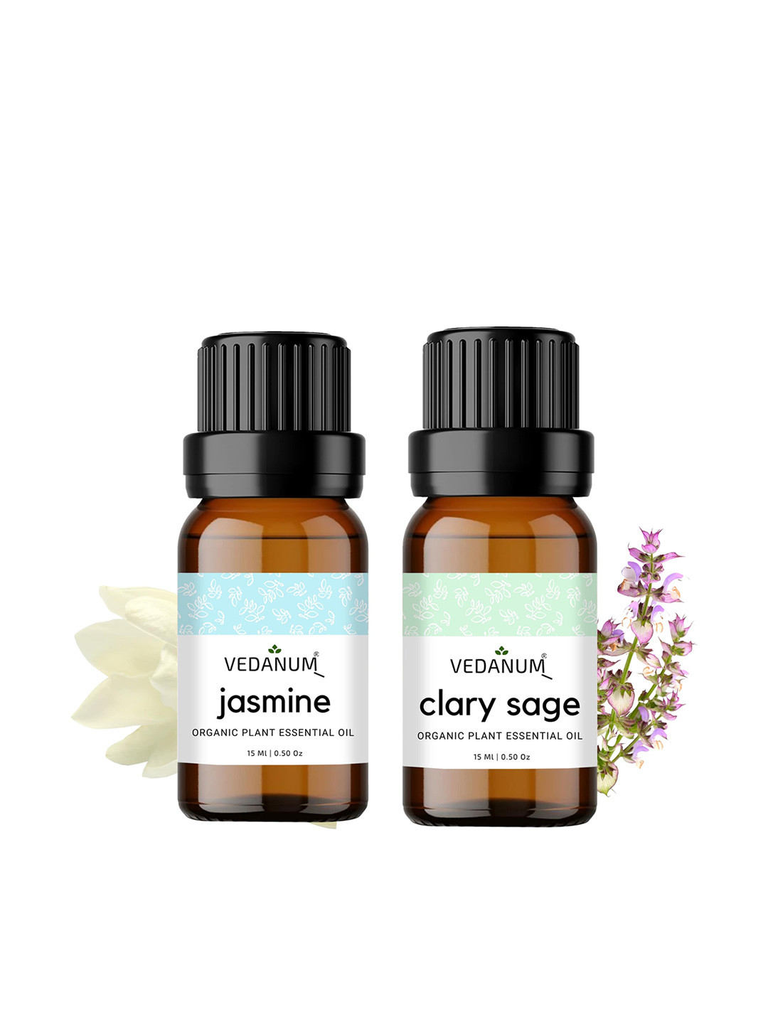 VEDANUM Set of 2 Jasmine and Clary Sage Organic Plant Essential Oil 15 ml (Each)