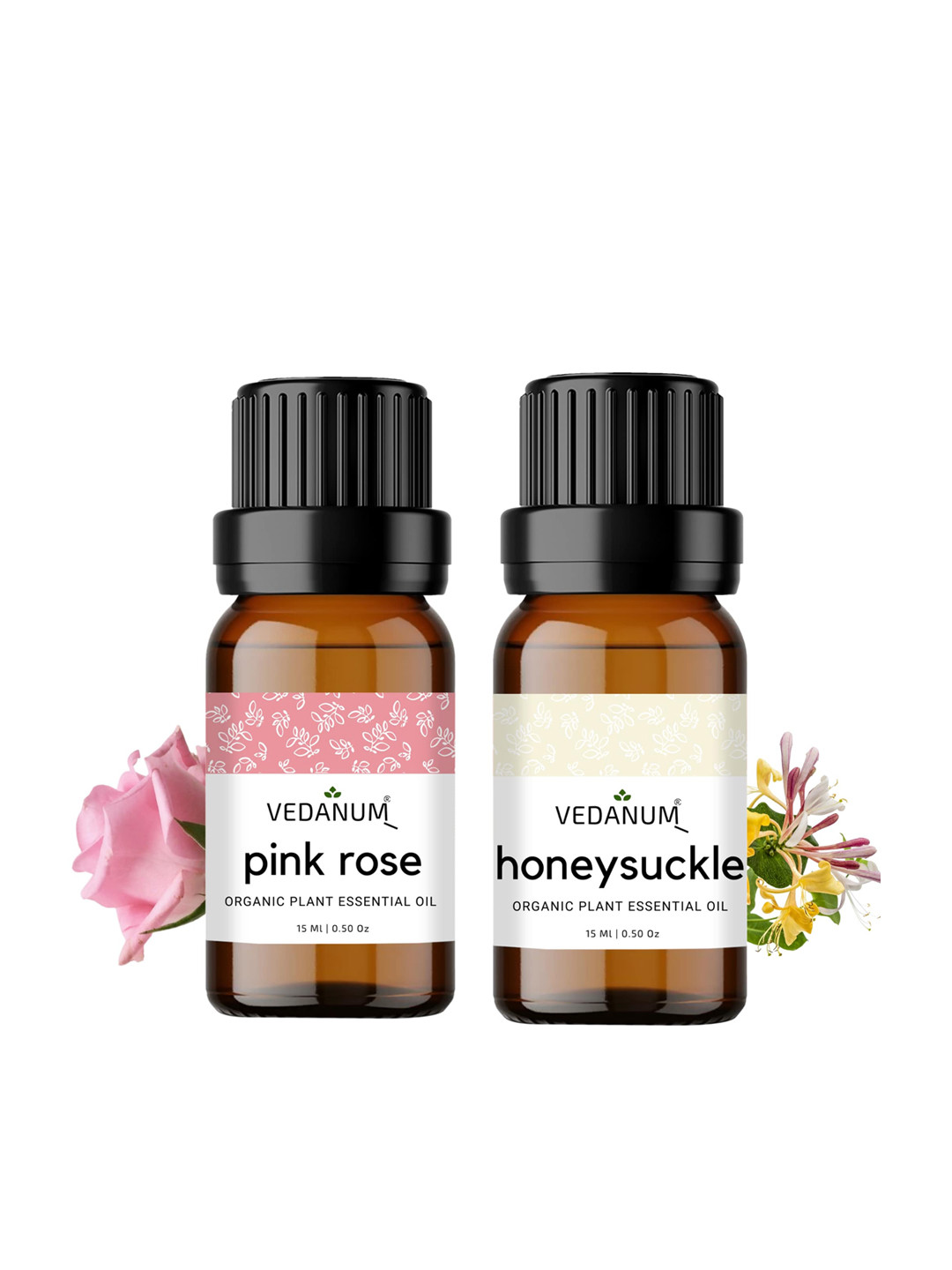 VEDANUM Set of Pink Rose & Honeysuckle Organic Plant Essential Oils - 15 ml Each