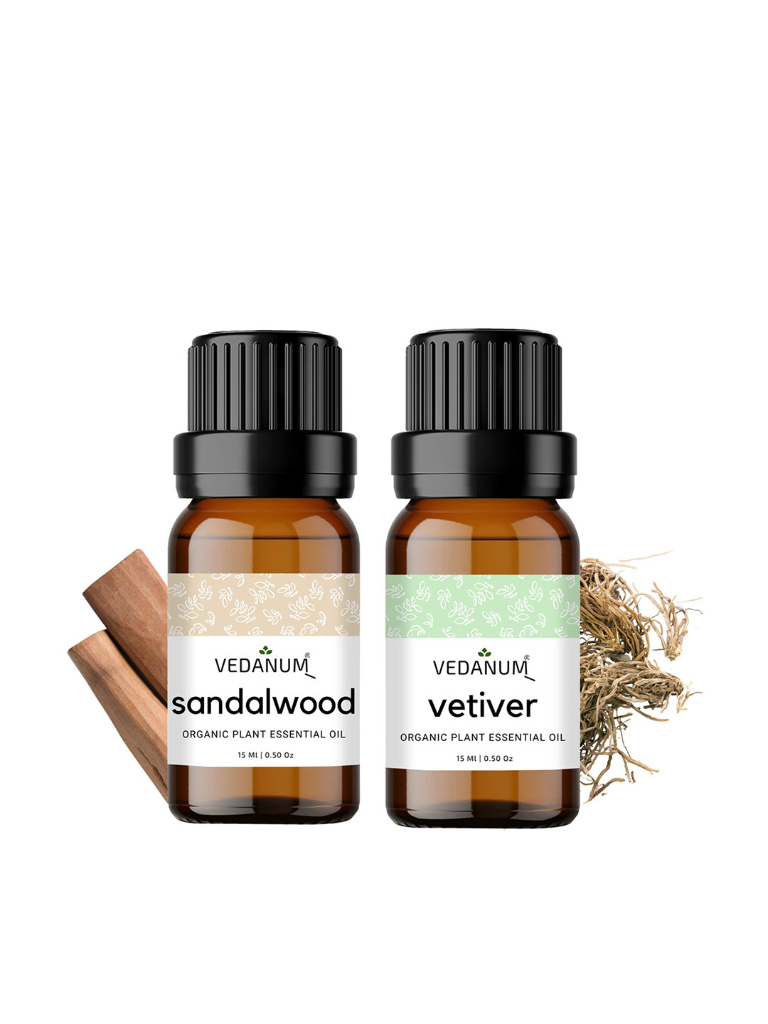 VEDANUM Set of 2 Organic Plant Essential Oils 15ml each - Sandalwood & Vetiver