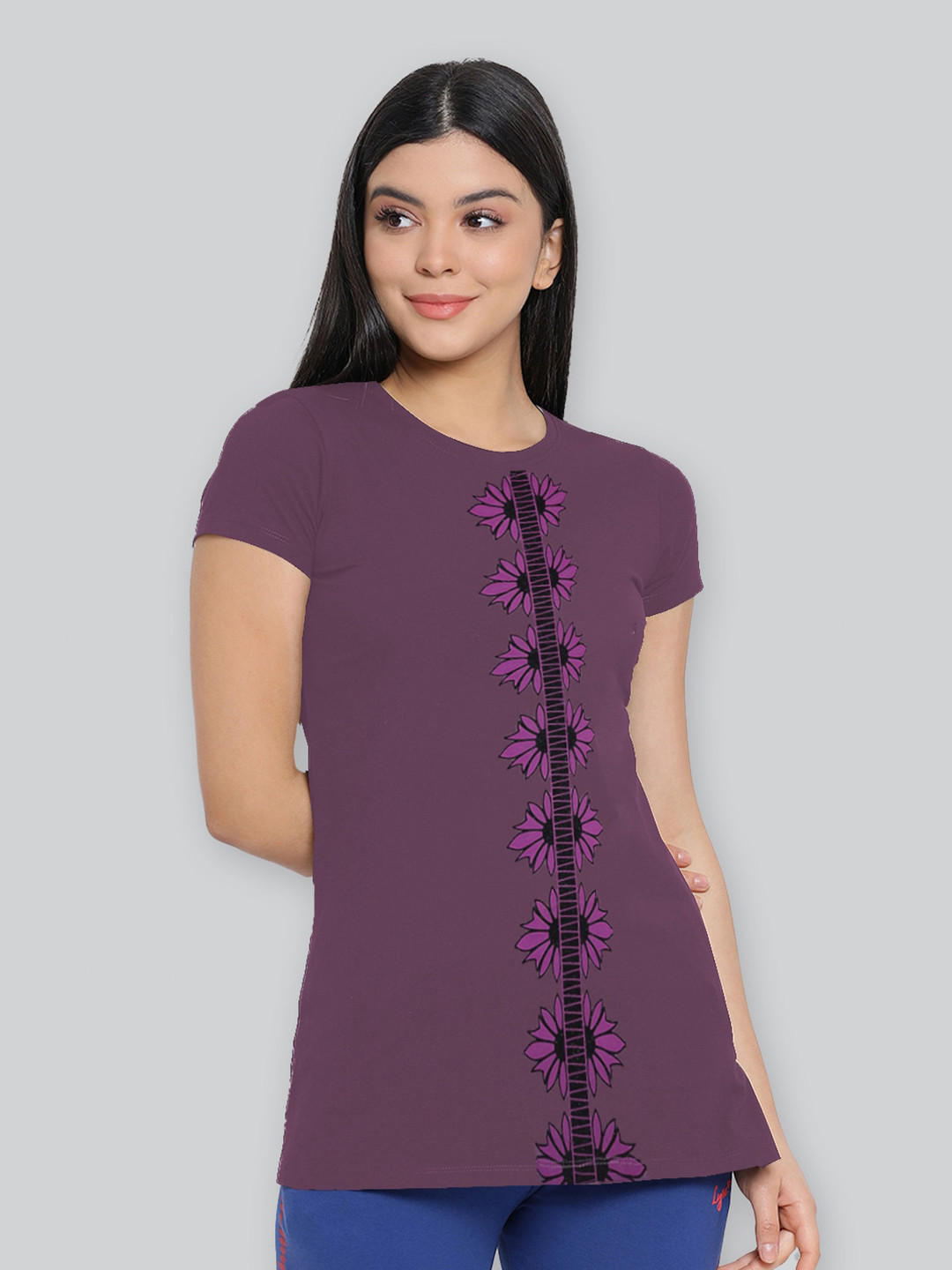 LYRA Women Multicoloured Floral Printed V-Neck Extended Sleeves Anti Odour T-shirt