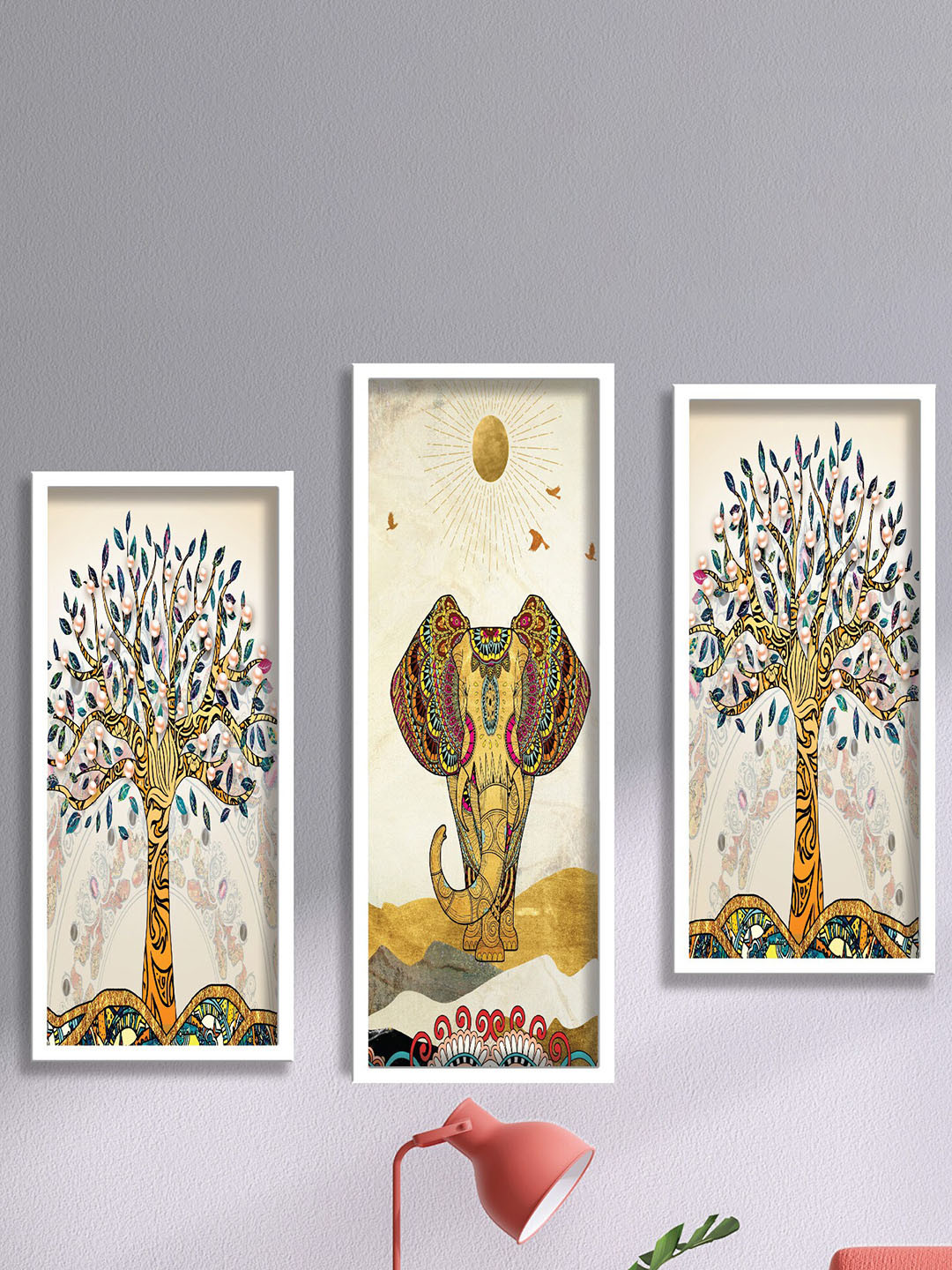 SAF Cream-Color & Mustard Yellow 3 Pieces Elephant And Tree Printed Wall Art