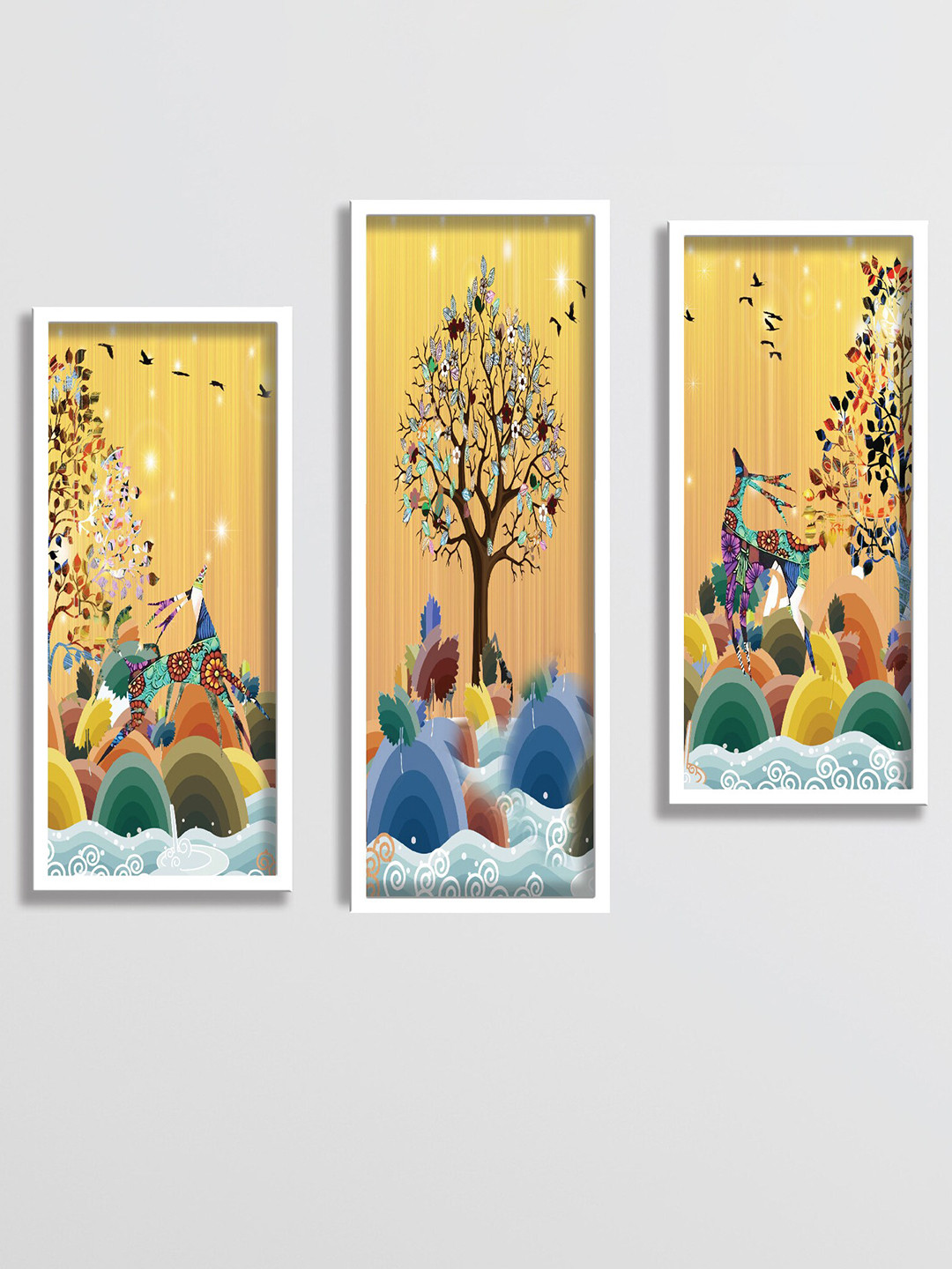 SAF Yellow & Blue 3 Pieces Abstract Deer & Tree Painting Framed Wall Art