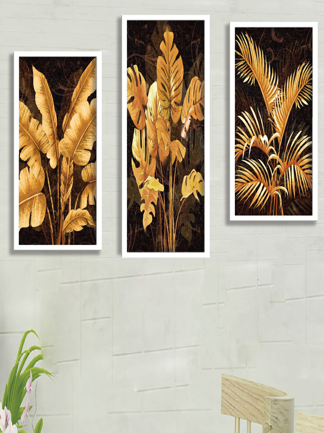 SAF Yellow & Black 3 Pieces Golden Tropical Leaves Painting Framed Wall Art