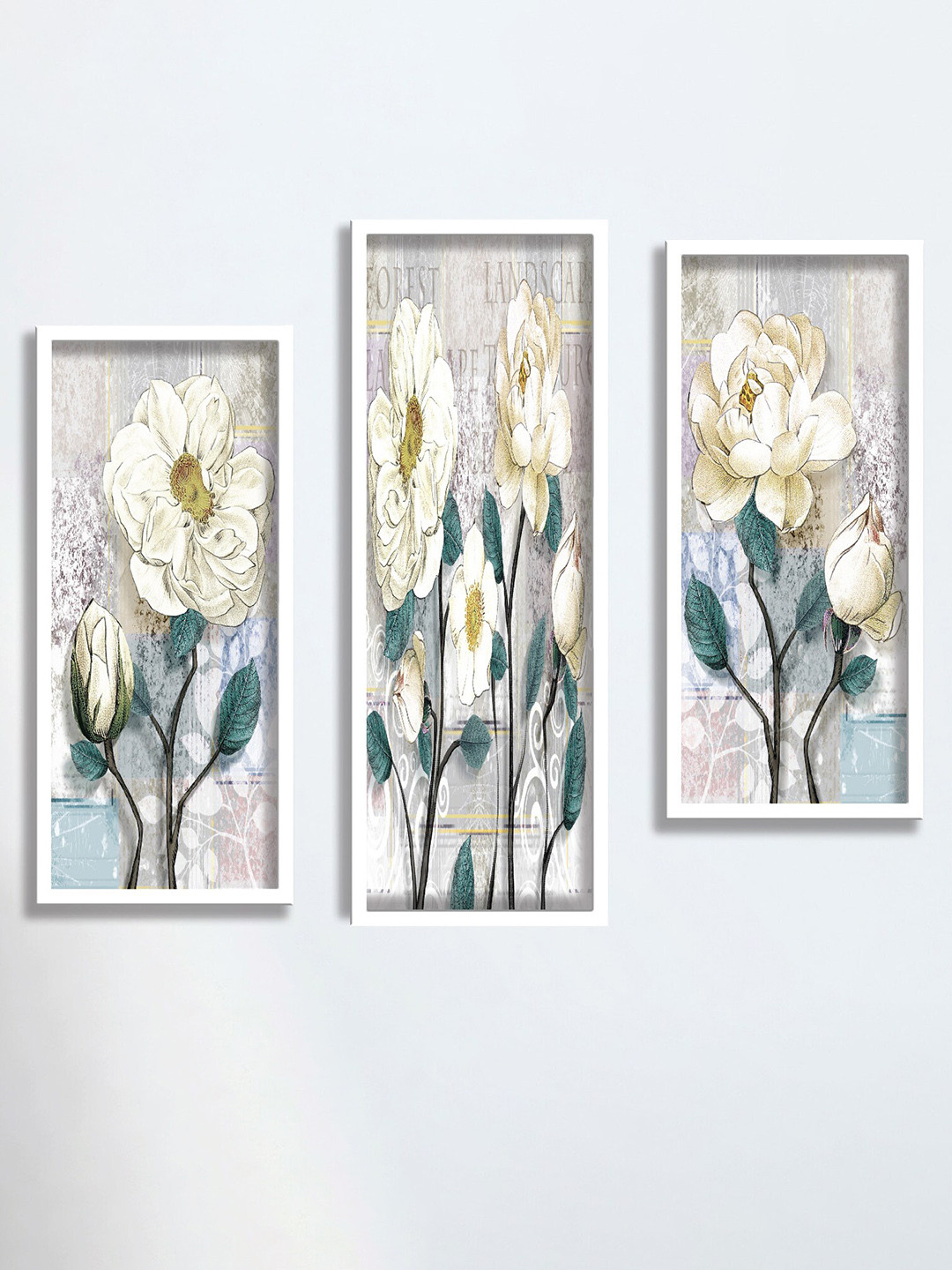 SAF White & Green 3 Pieces Flower Framed Painted Wall Art