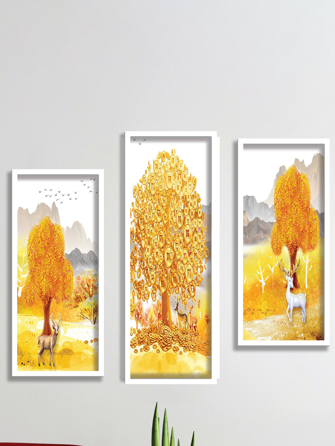 SAF White & Orange-Coloured 3 Pieces Golden Tree And Deer Painting UV Coating Wall Arts