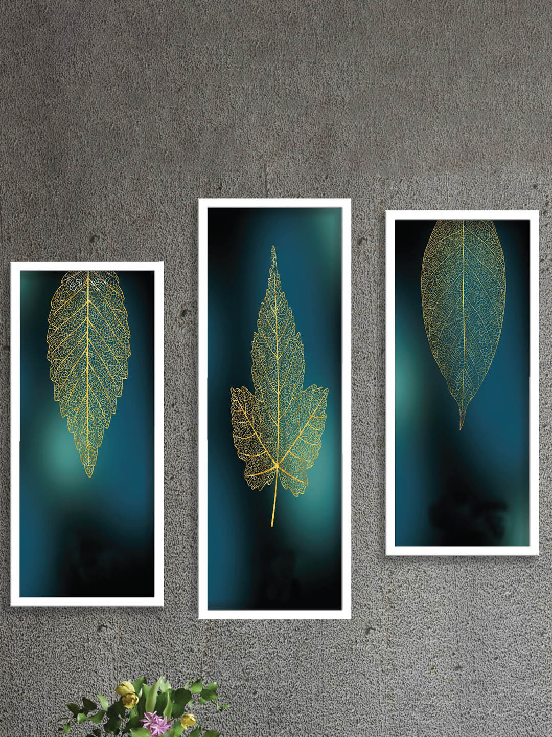 SAF Blue & Green 3 Pieces Golden Leaves Painting Framed UV Coating Wall Arts