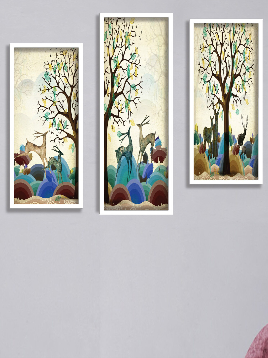 SAF Blue & Cream-Colored 3 Pieces Deer and Tree Painting Framed UV Coating Wall Arts