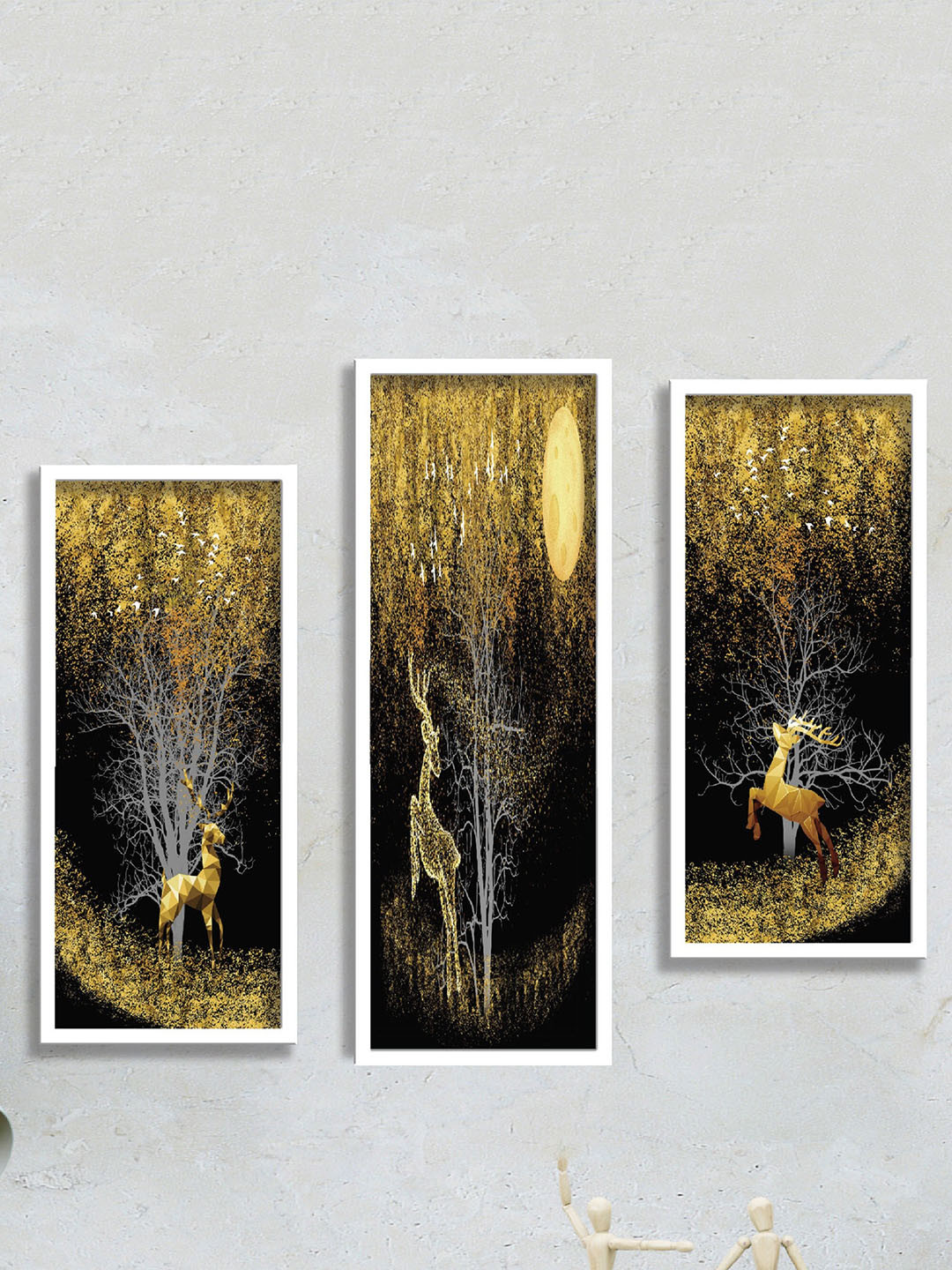 SAF Yellow & Black 3 Pieces Golden Tree & Deer Painting Framed Wall Art