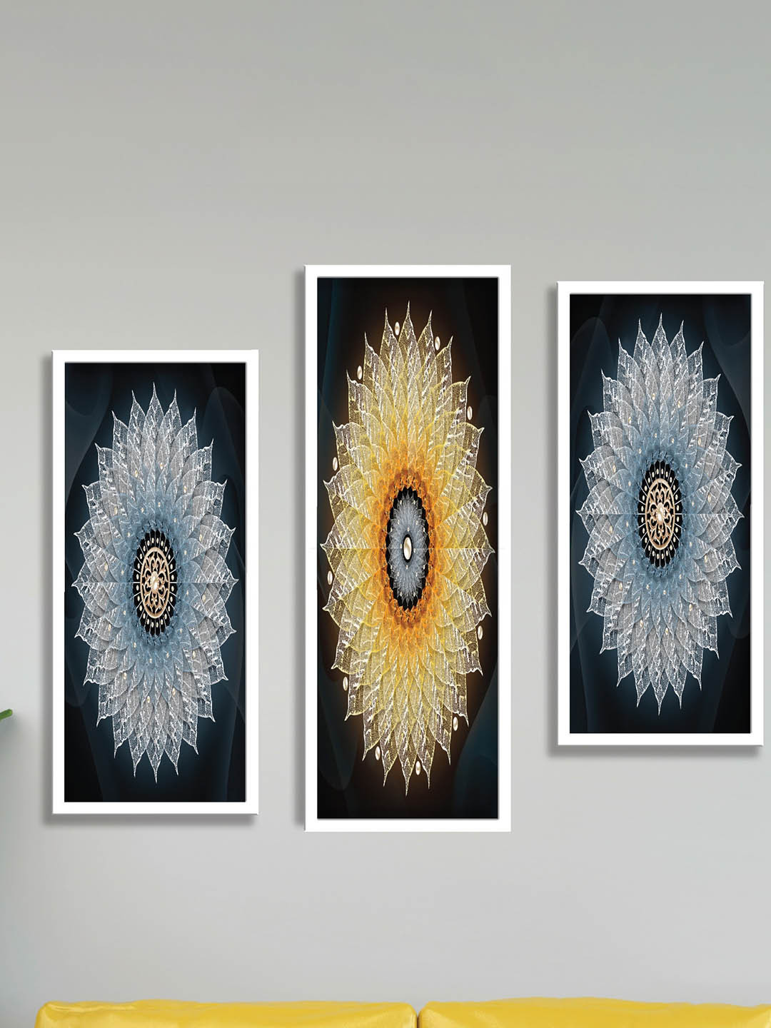 SAF Blue & Orange 3 Pieces Abstract Painting UV Coating Wall Arts