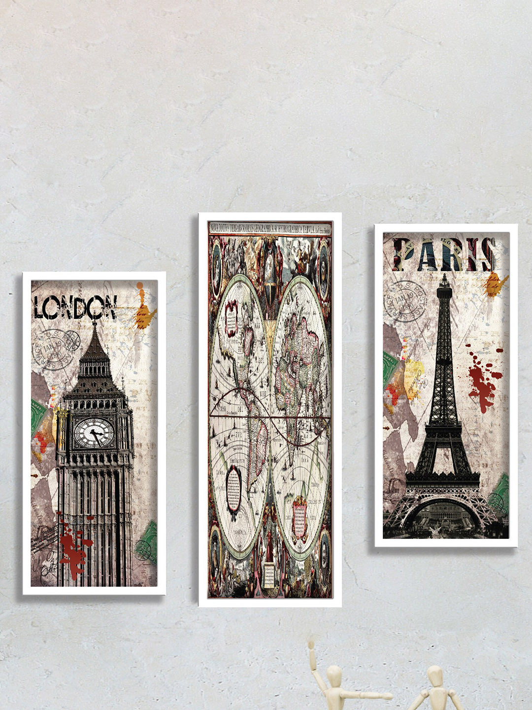 SAF Grey & Beige 3 Pieces London And Paris Framed Painting Wall Arts
