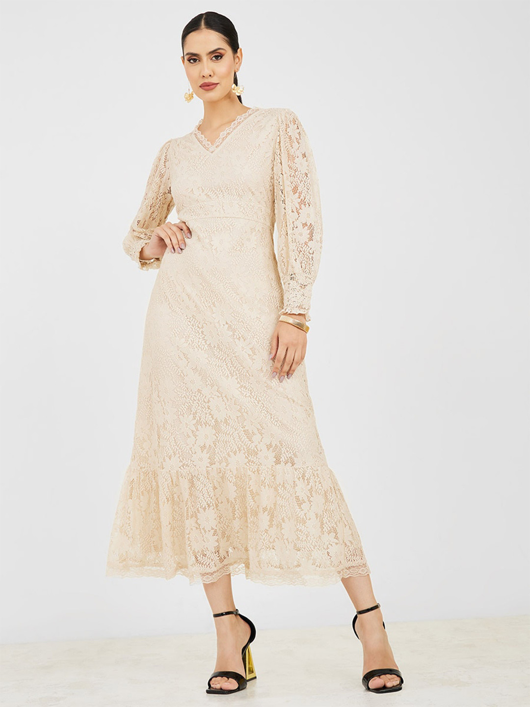 Styli Beige Puff Sleeve A-Line Midi Dress