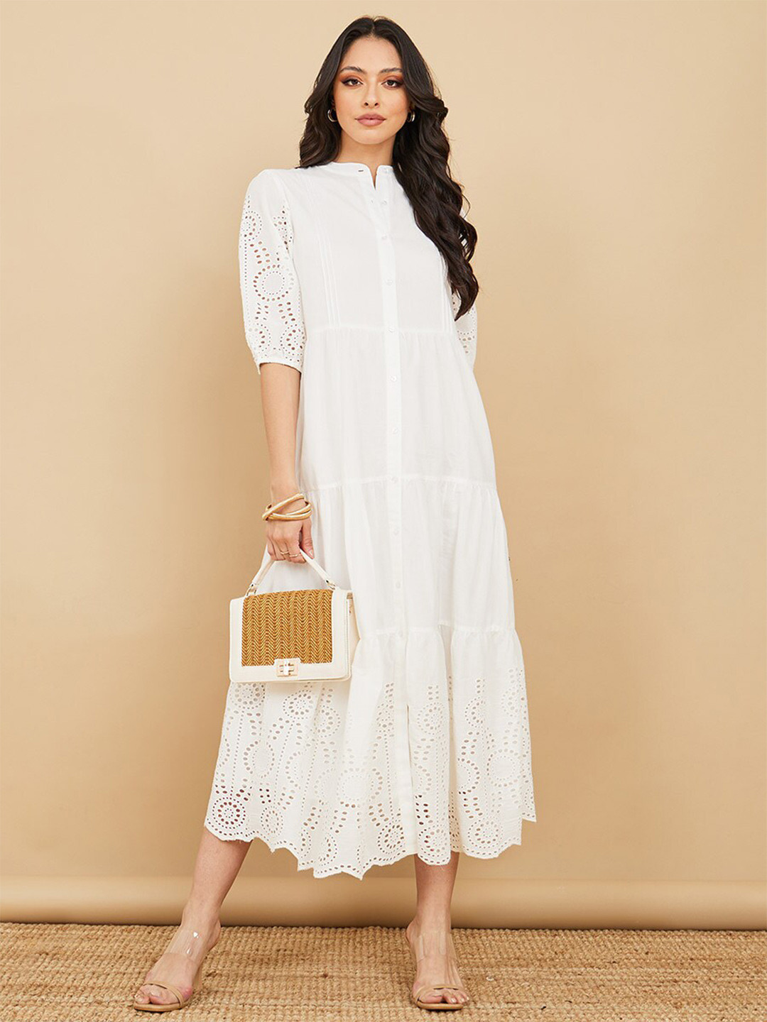 Styli Mandarin Collar Self Design A-Line Midi Dress