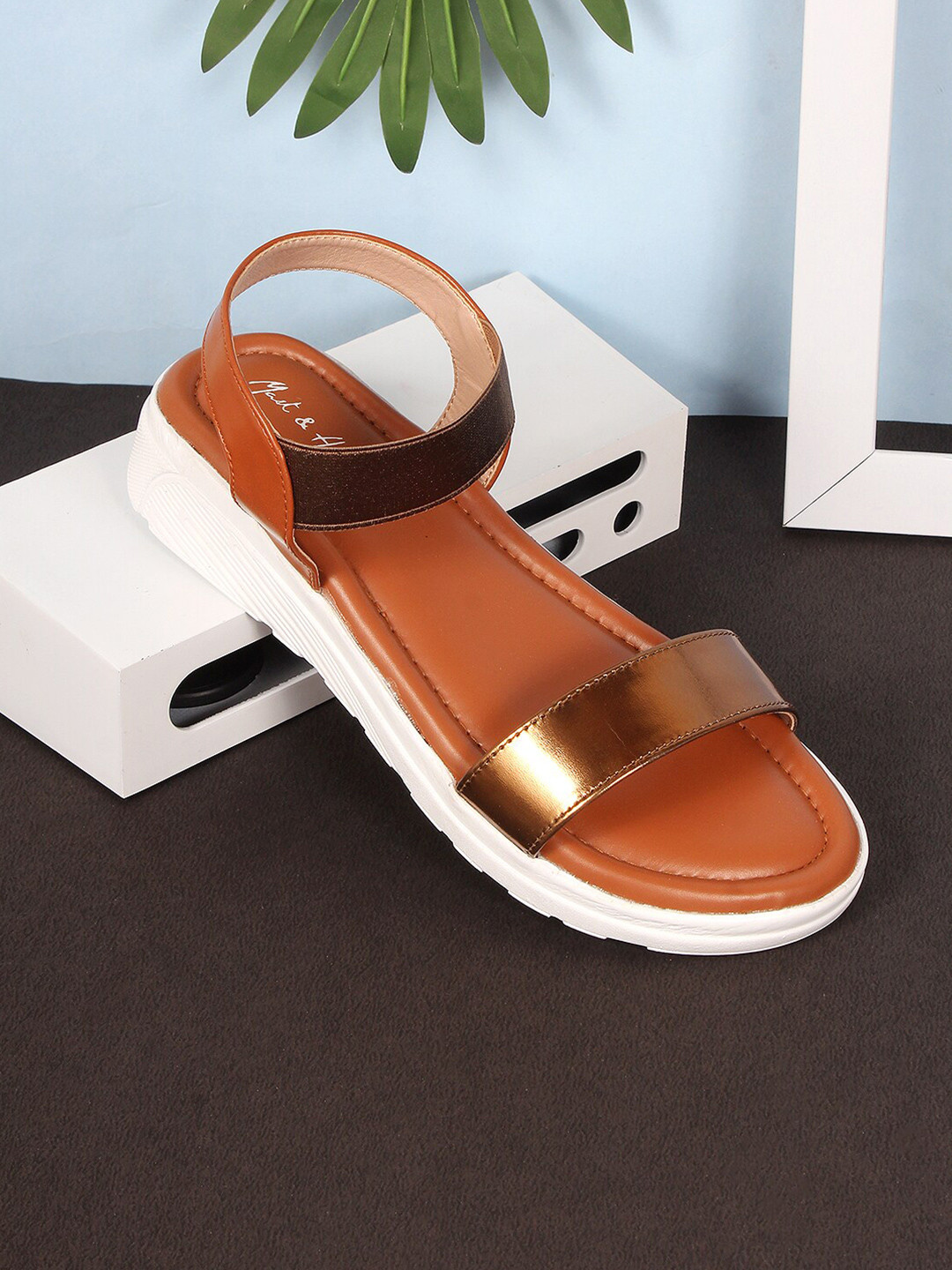 Mast & Harbour Copper-Toned And Tan Brown Open Toe Comfort Heels