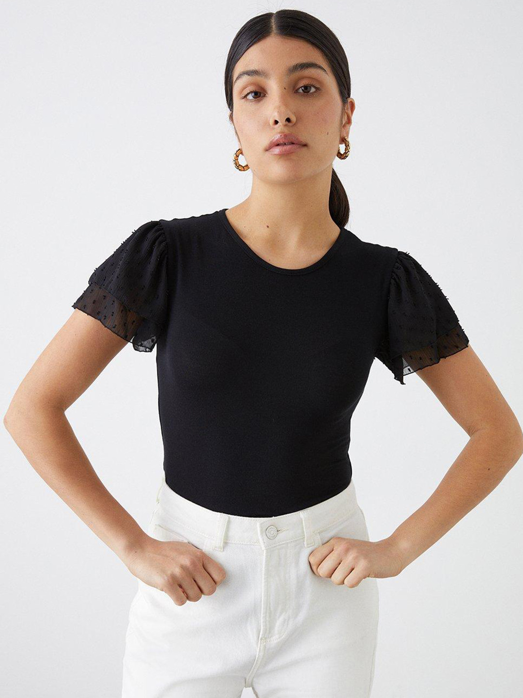 DOROTHY PERKINS Solid Flutter Sleeve Fitted Top