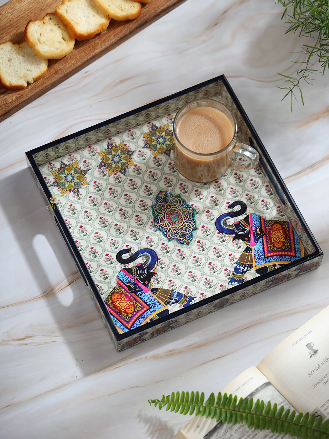 DULI White & Blue Printed Serving Tray With Handle