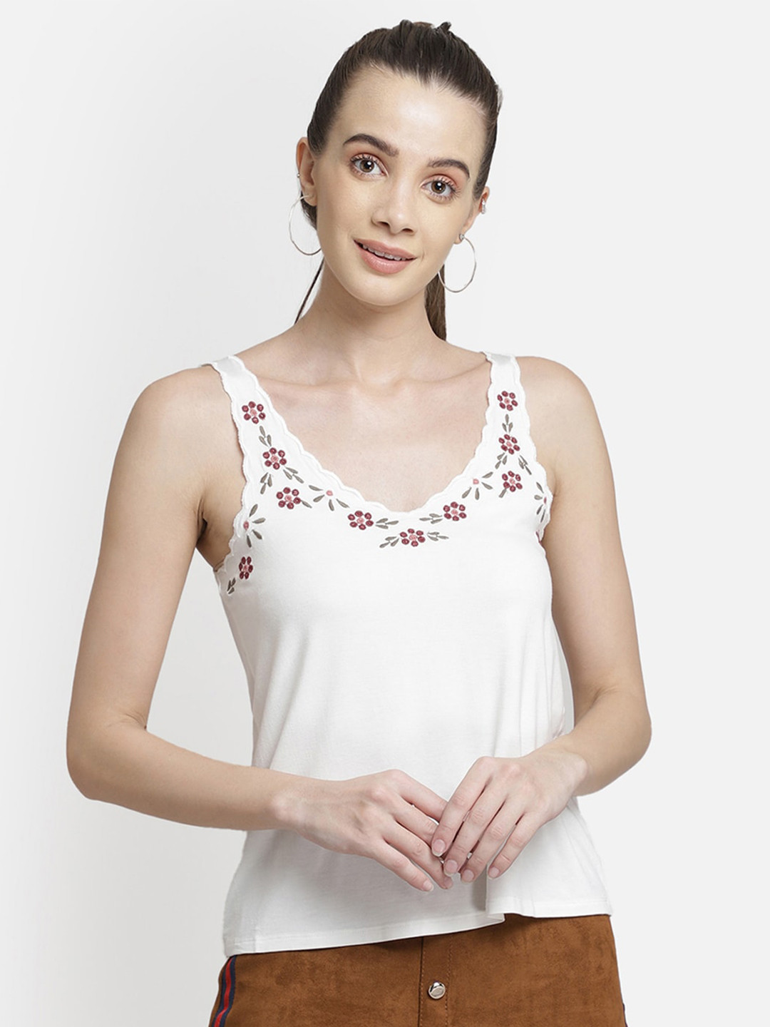 Aditi Wasan V-neck Sleeveless Floral Embroidered Neckline Top