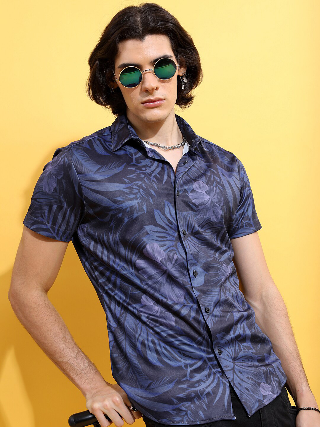 HIGHLANDER Navy Blue Tropical Printed Slim Fit Casual Shirt