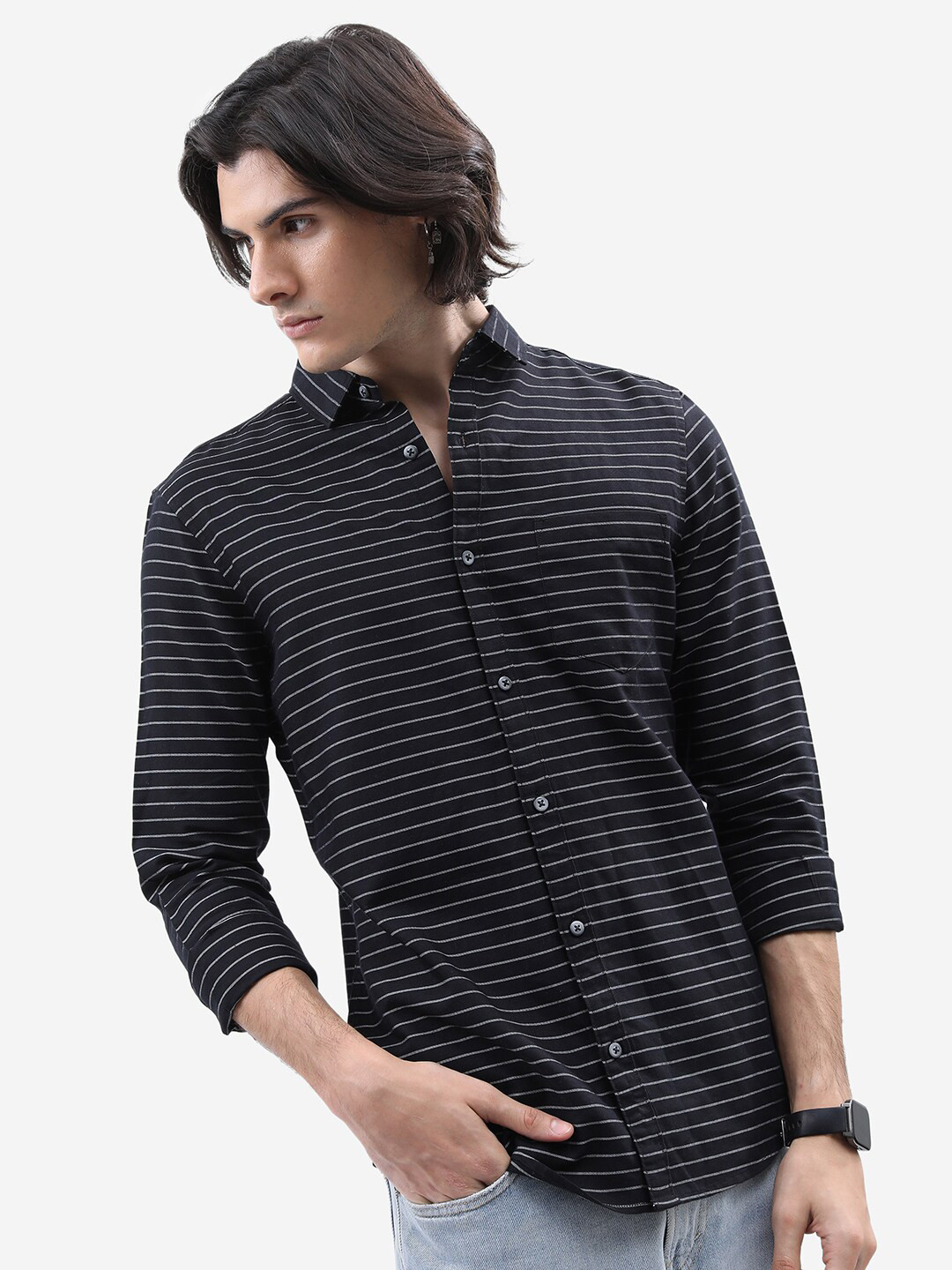 HIGHLANDER Black Horizontal Striped Slim Fit Casual Shirt