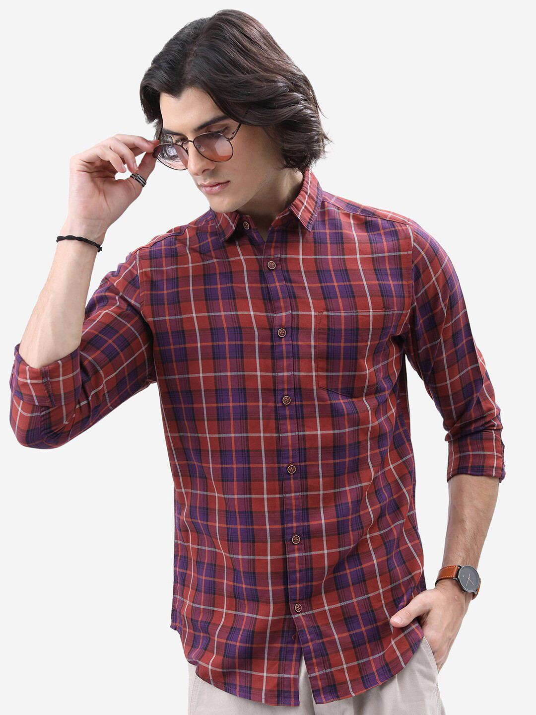 HIGHLANDER Rust Tartan Checked Slim Fit Casual Shirt