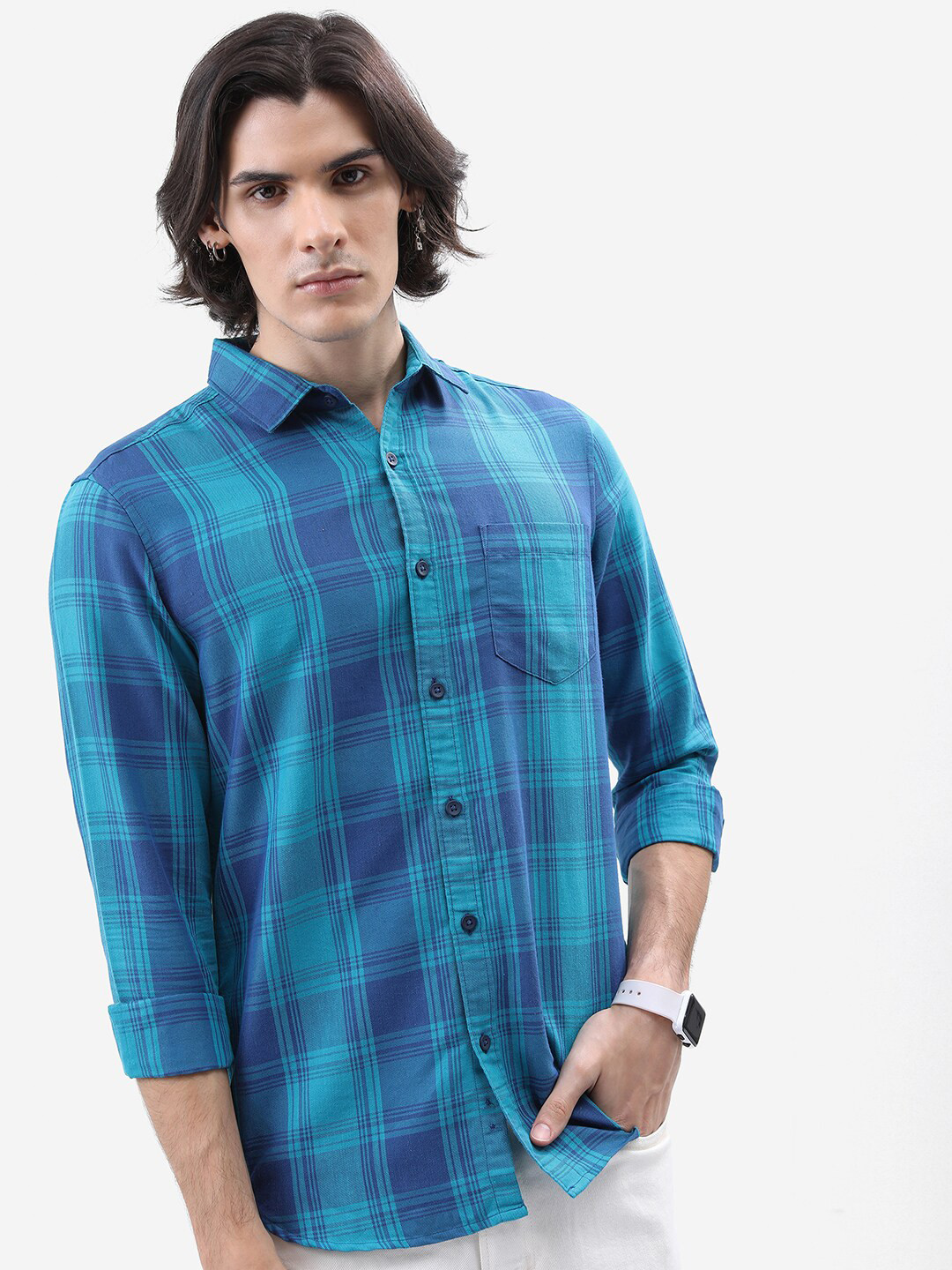 HIGHLANDER Teal Blue Tartan Checked Slim Fit Casual Shirt