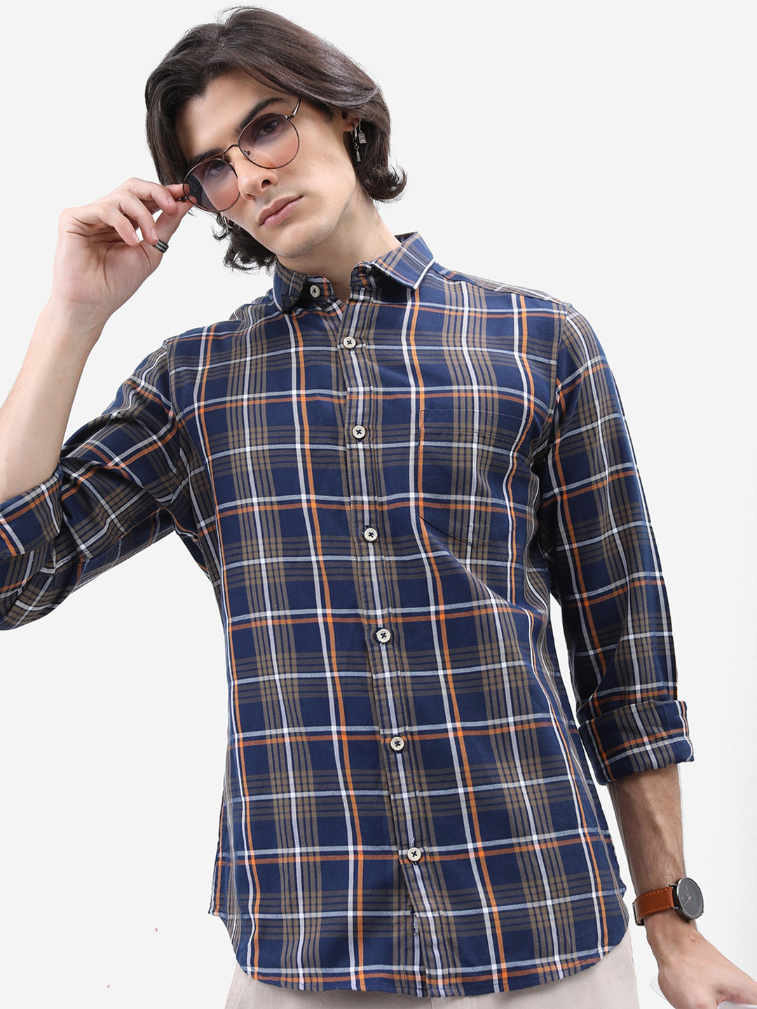 HIGHLANDER Navy Blue Tartan Checked Slim Fit Casual Shirt