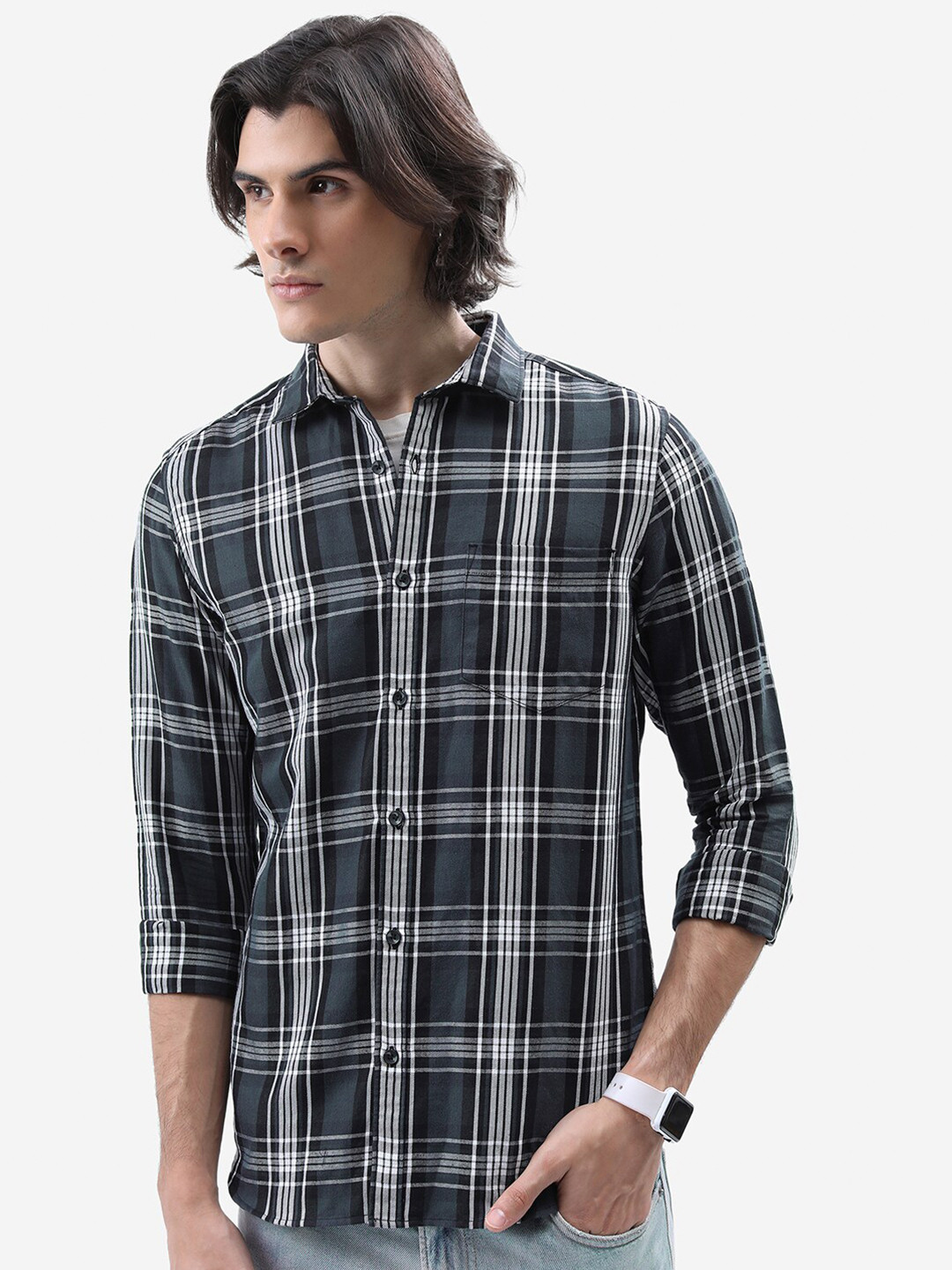 HIGHLANDER Grey Tartan Checked Slim Fit Casual Shirt