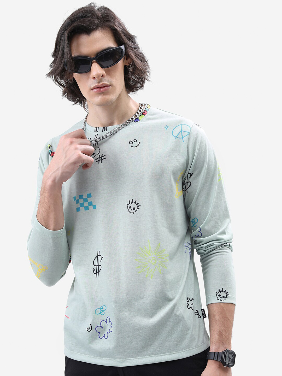 HIGHLANDER Sea Green Conversational Printed Relaxed Fit T-shirt