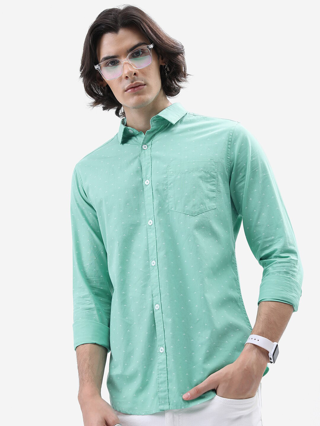 HIGHLANDER Green Micro Ditsy Printed Slim Fit Cotton Casual Shirt