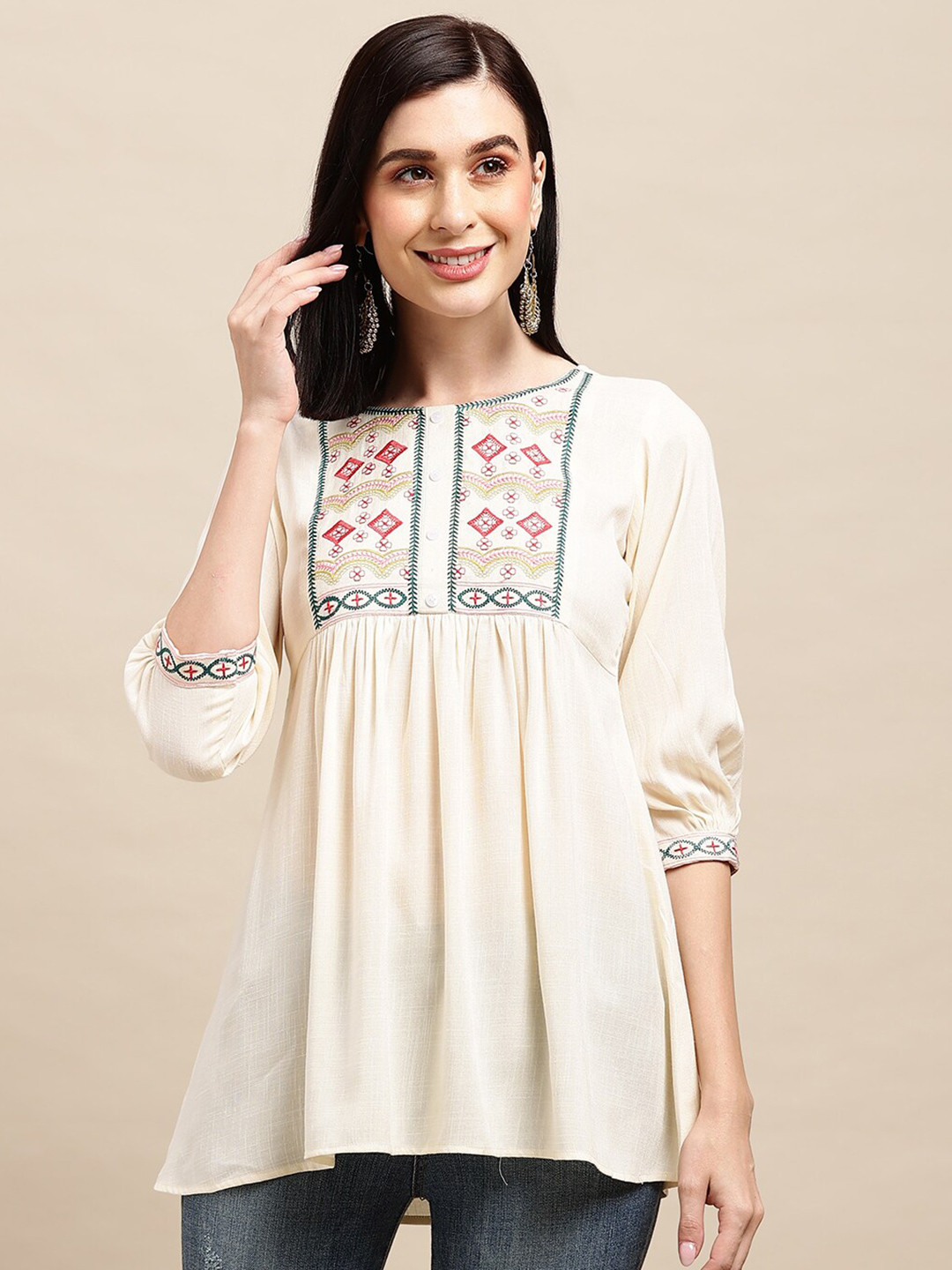 Sangria Off White Ethnic motifs Embroidered Round Notched Neck A-Line Top