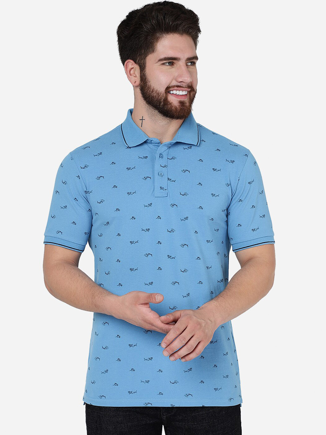 JADE BLUE Conversational Printed Polo Collar Slim Fit Cotton T-Shirt