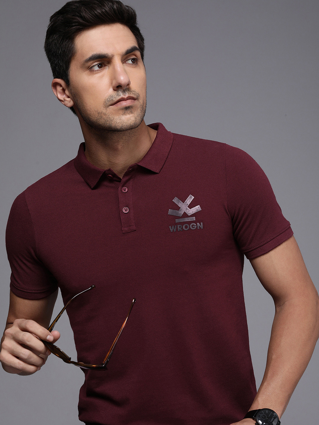WROGN Men Solid Polo Collar Knitted T-shirt With Minimal Brand Logo Print Detail