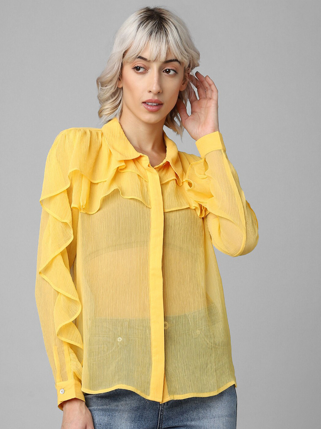 ONLY Women Ruffled Semi Sheer Casual Shirt