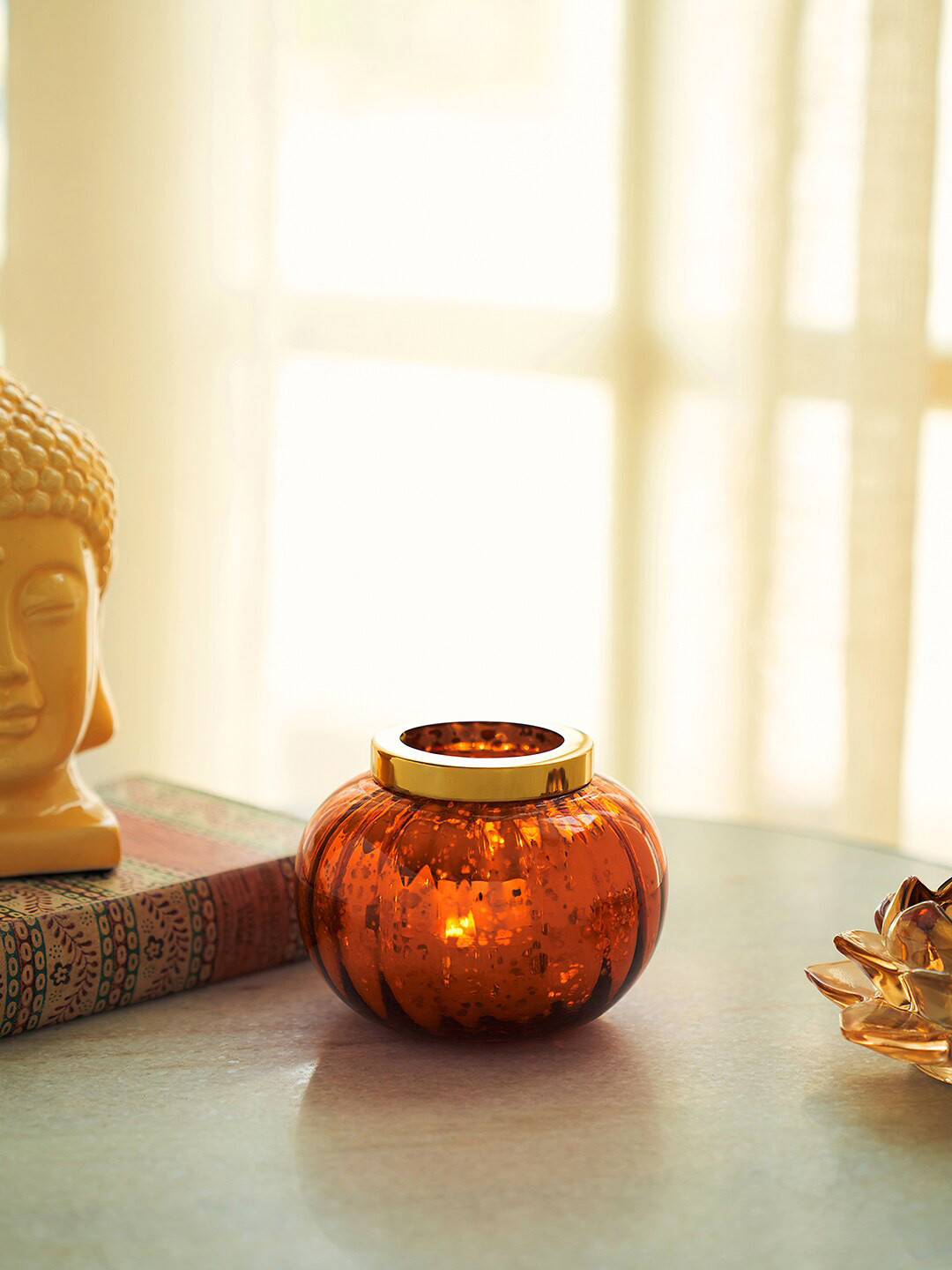 Pure Home and Living Orange-Color & Gold Toned Round Optic Glass Tea Light Holder