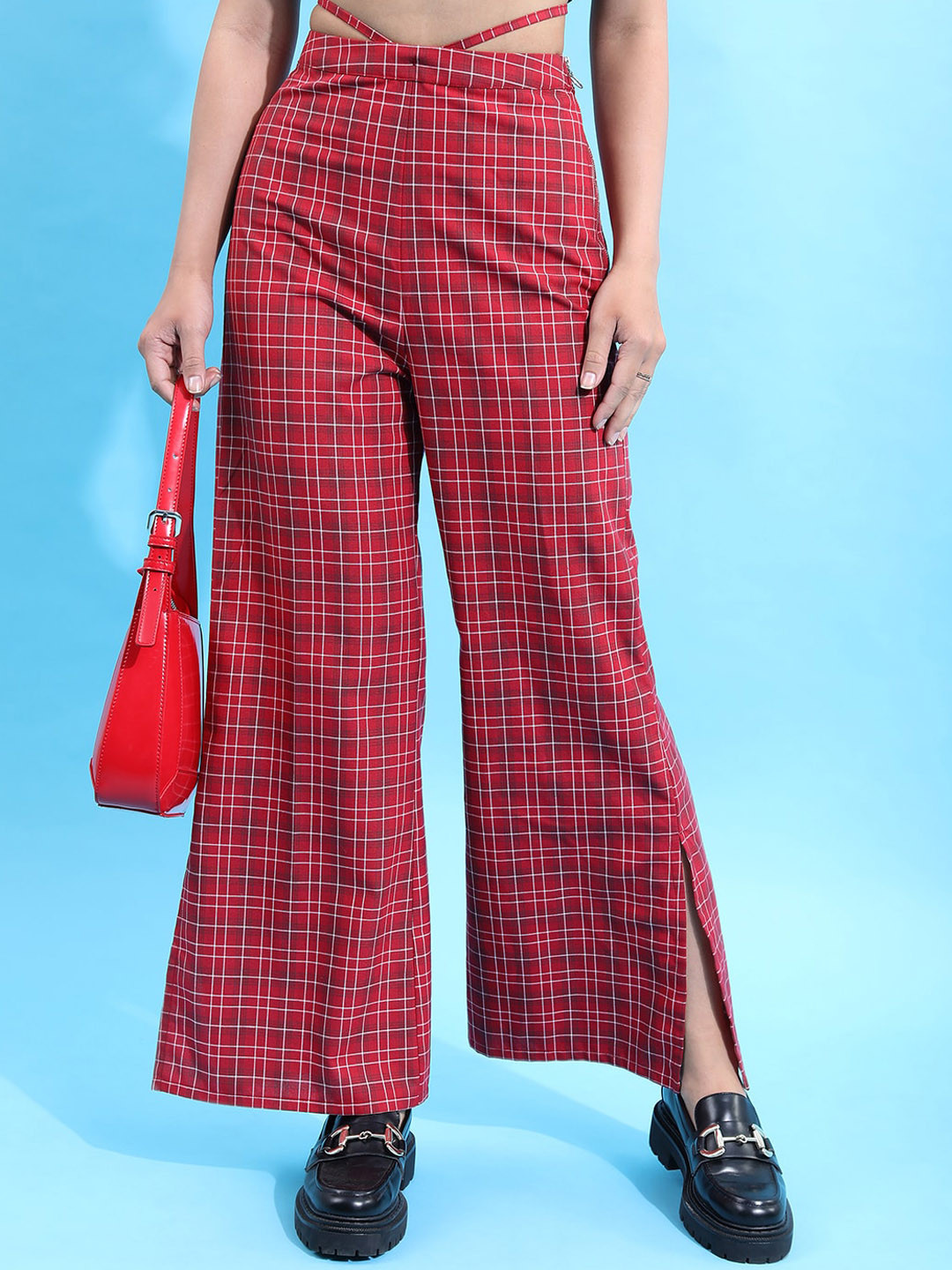 Tokyo Talkies Women Maroon Checked Wide Leg Trousers