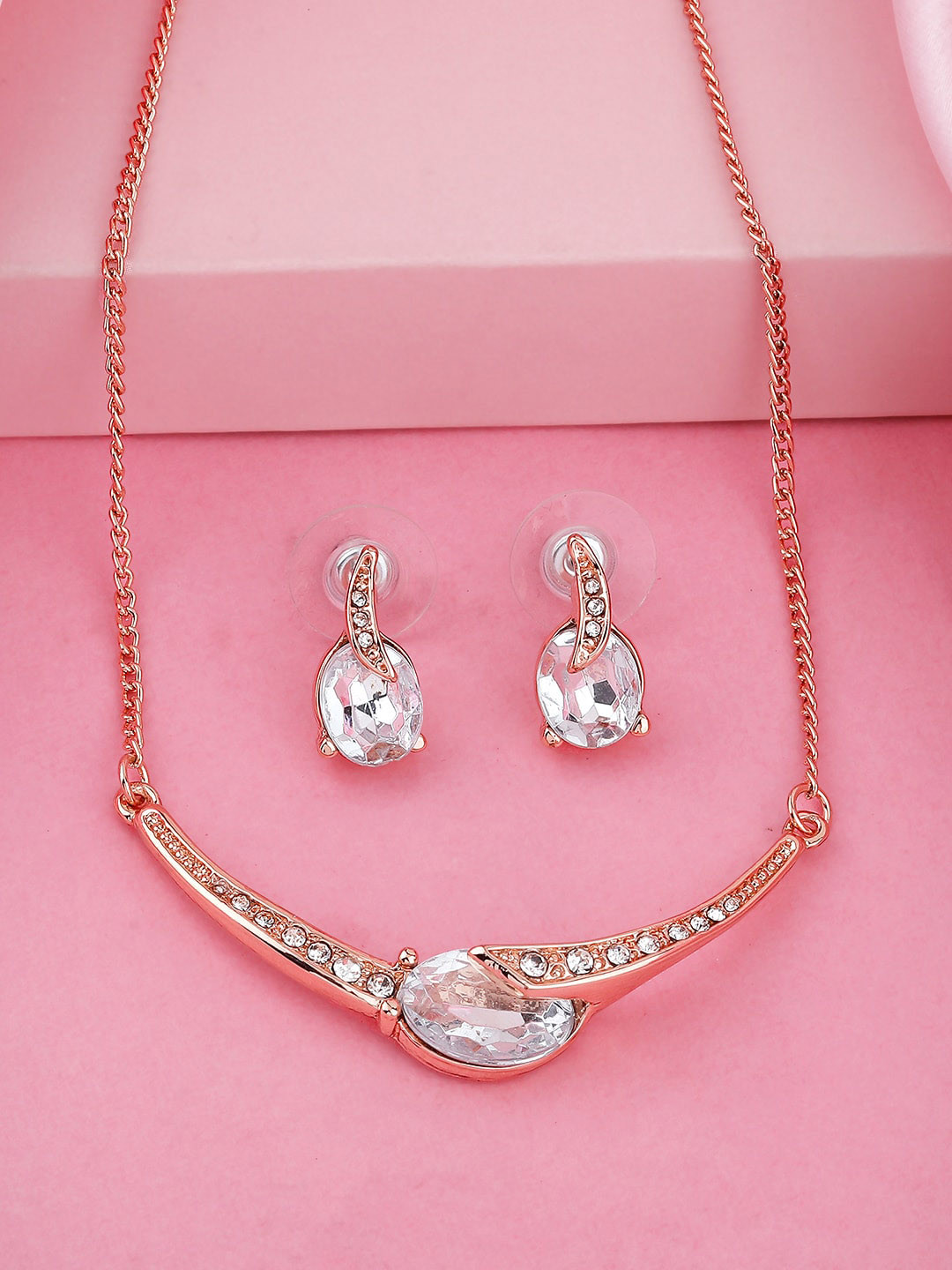 Estele Rose-Gold Plated Magnificent Necklace Set with Crystals