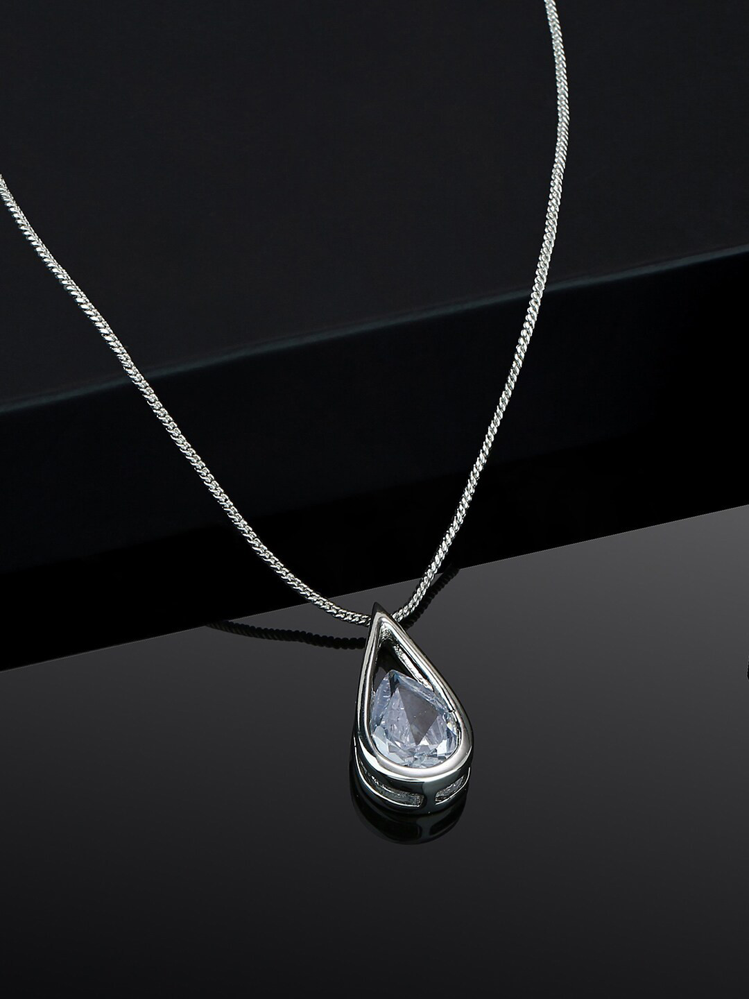 Estele Rhodium-Plated CZ-Studded & Teardrop-Charm Pendant With Chain