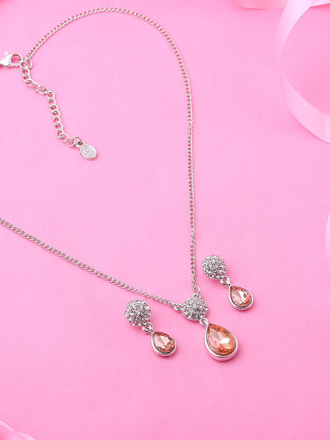 Estele Rhodium Plated Flower Drop Designer Pendant Set
