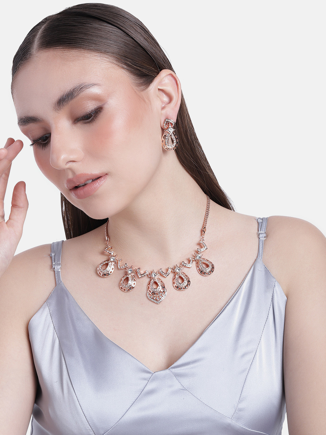 Estele Rose Gold Plated Sparkling Drop Designer Necklace Set with Crystals