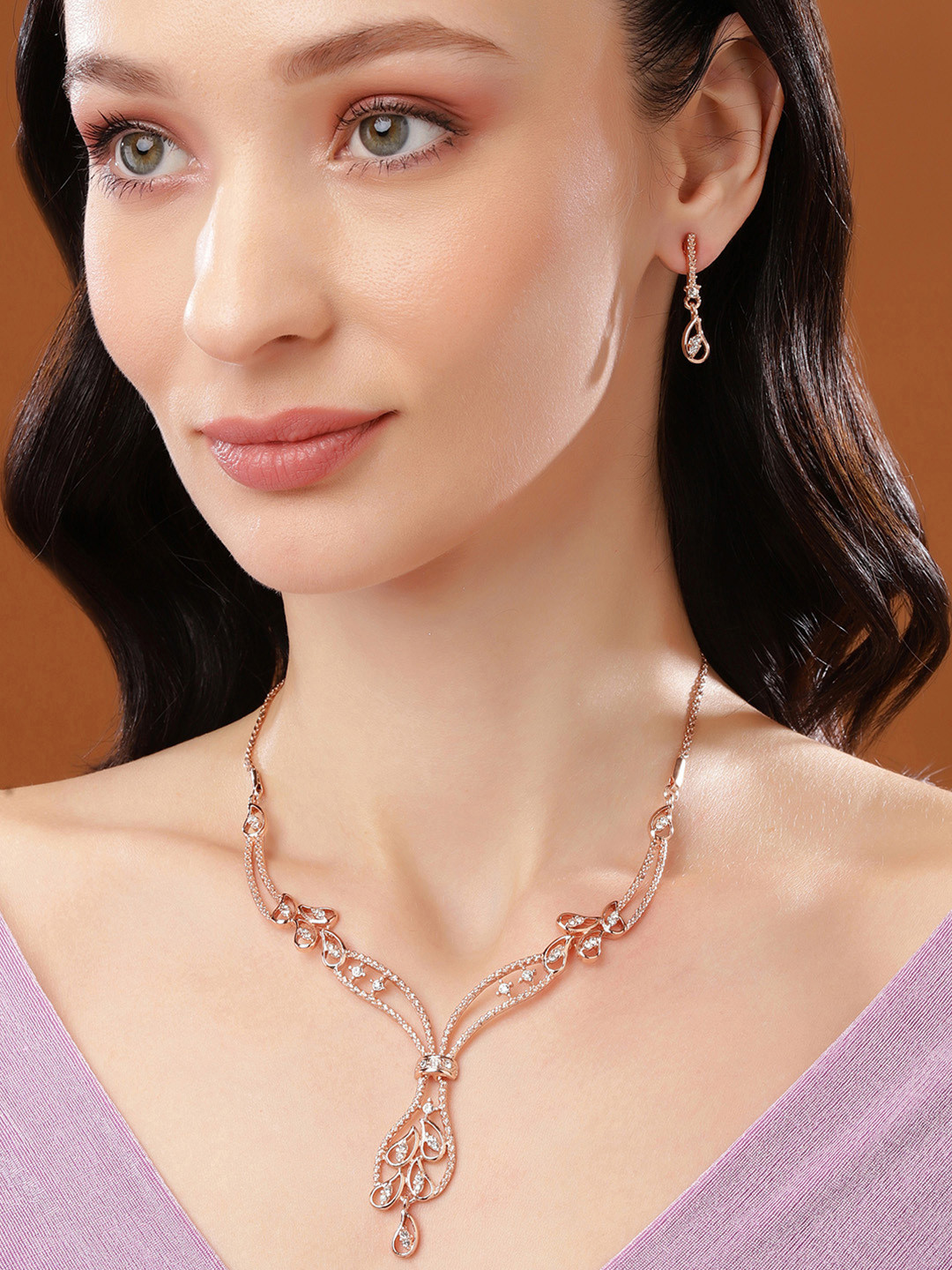 Estele Rose Gold Plated Beautiful Designer Necklace Set with Crystals for Women